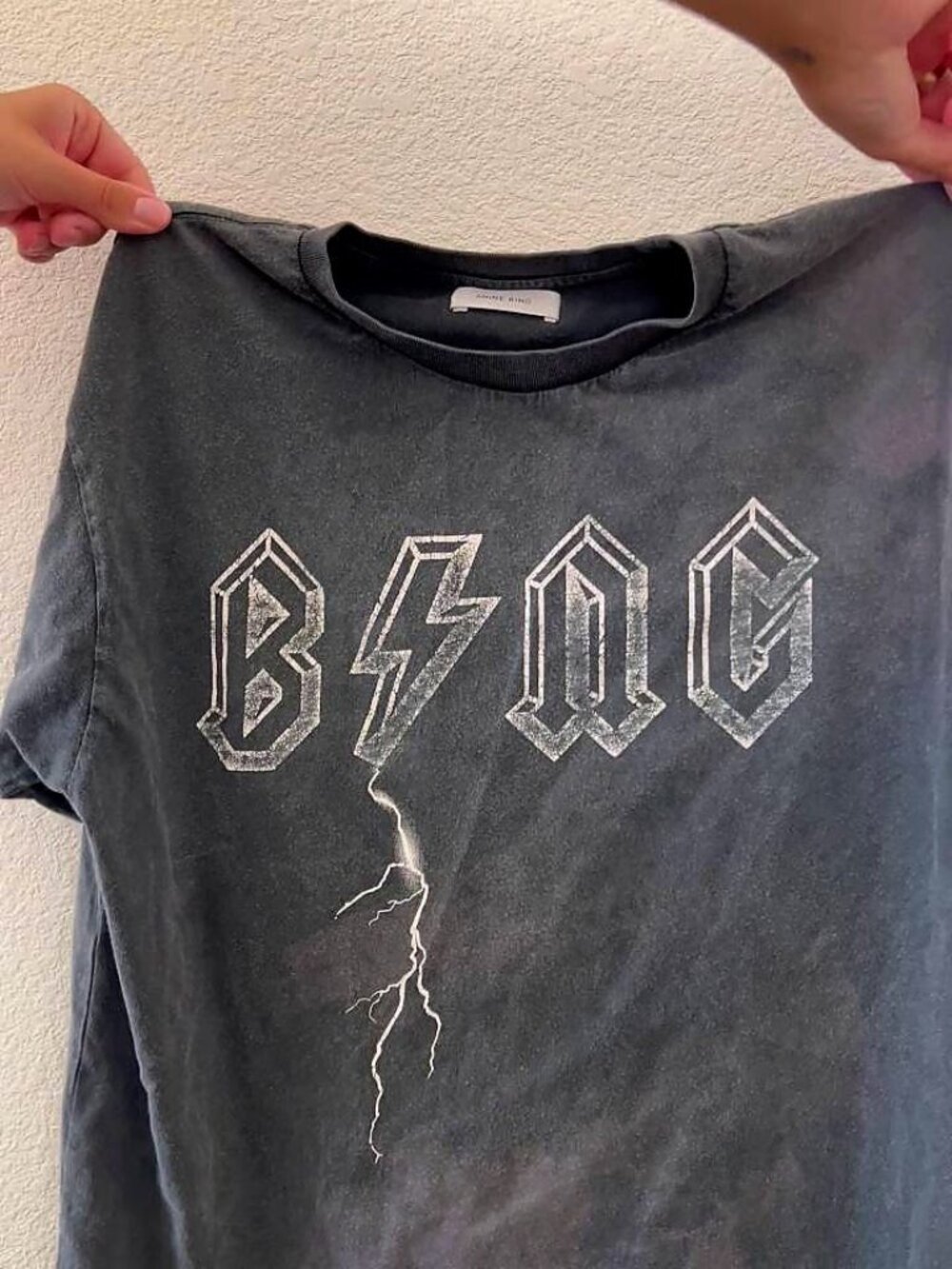 Anine Bing Lightning Bolt Graphic T-Shirt Gray Faded Wash